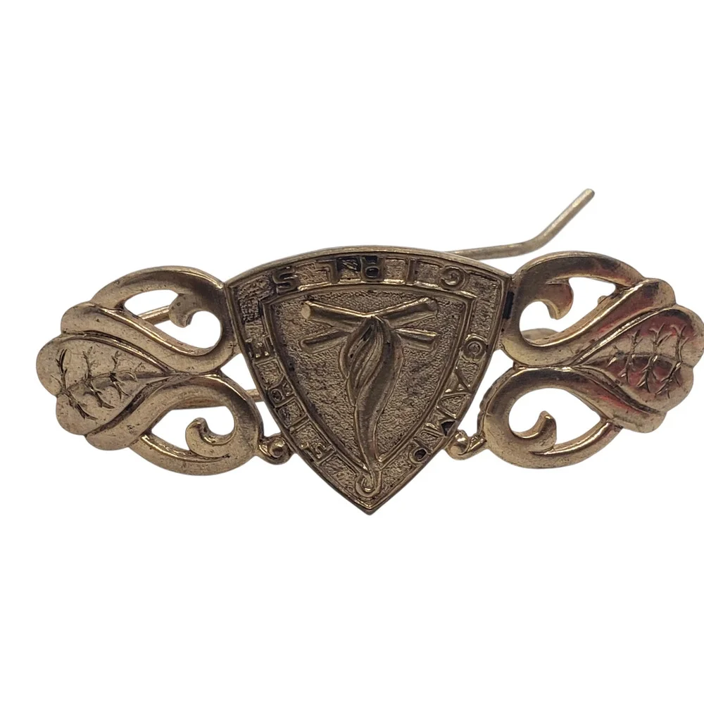 Vintage Camp Fire Girls Gold Tone Shield Bar Pin Badge Emblem Crest Collectible